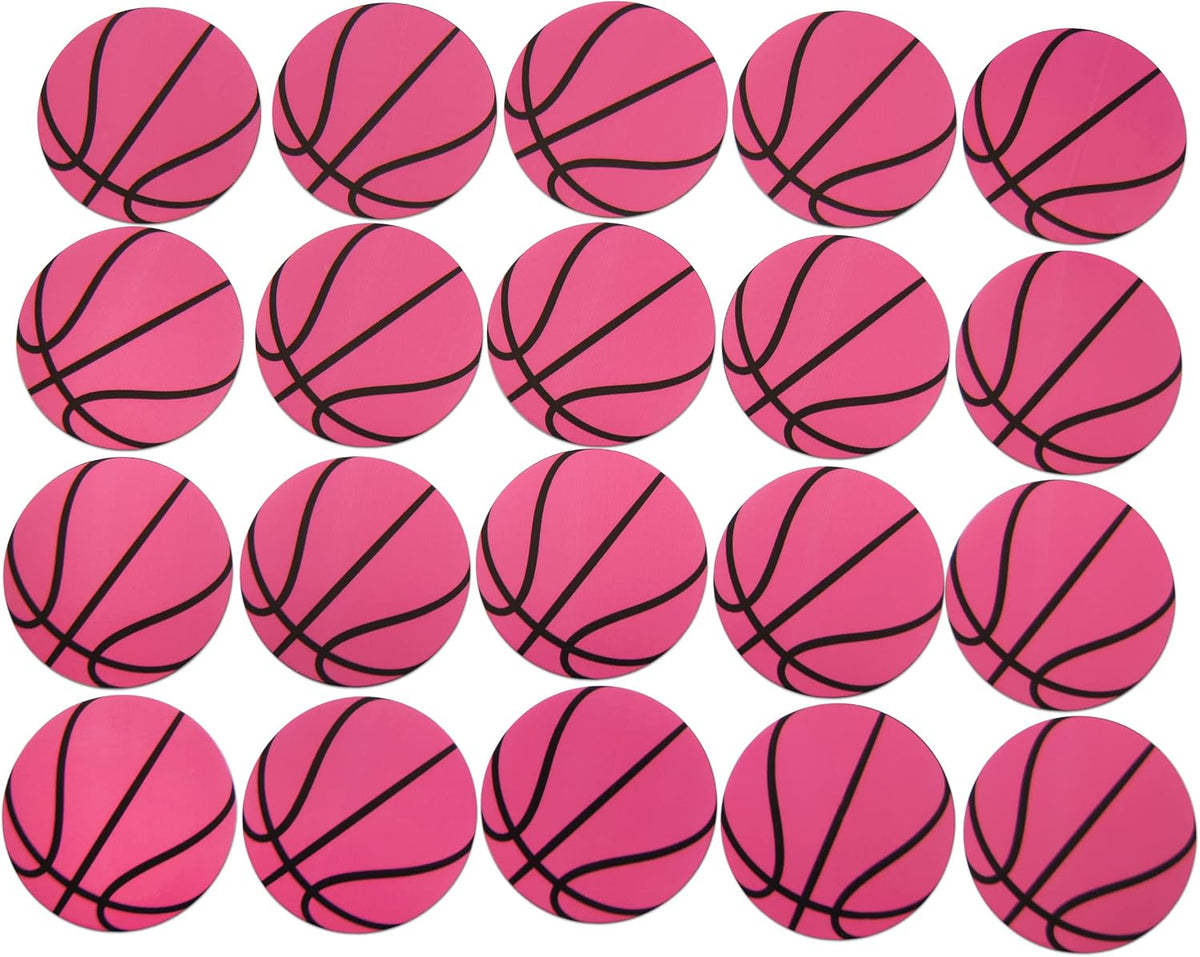 Novel Merk Pink Basketball Sports Ball Vinyl Stickers - 2” Round Individual Decals for Laptop, Water Bottle, Phone, Party Favors, & Decor - Adheres to Clean Surfaces Waterproof & Repositionable (20