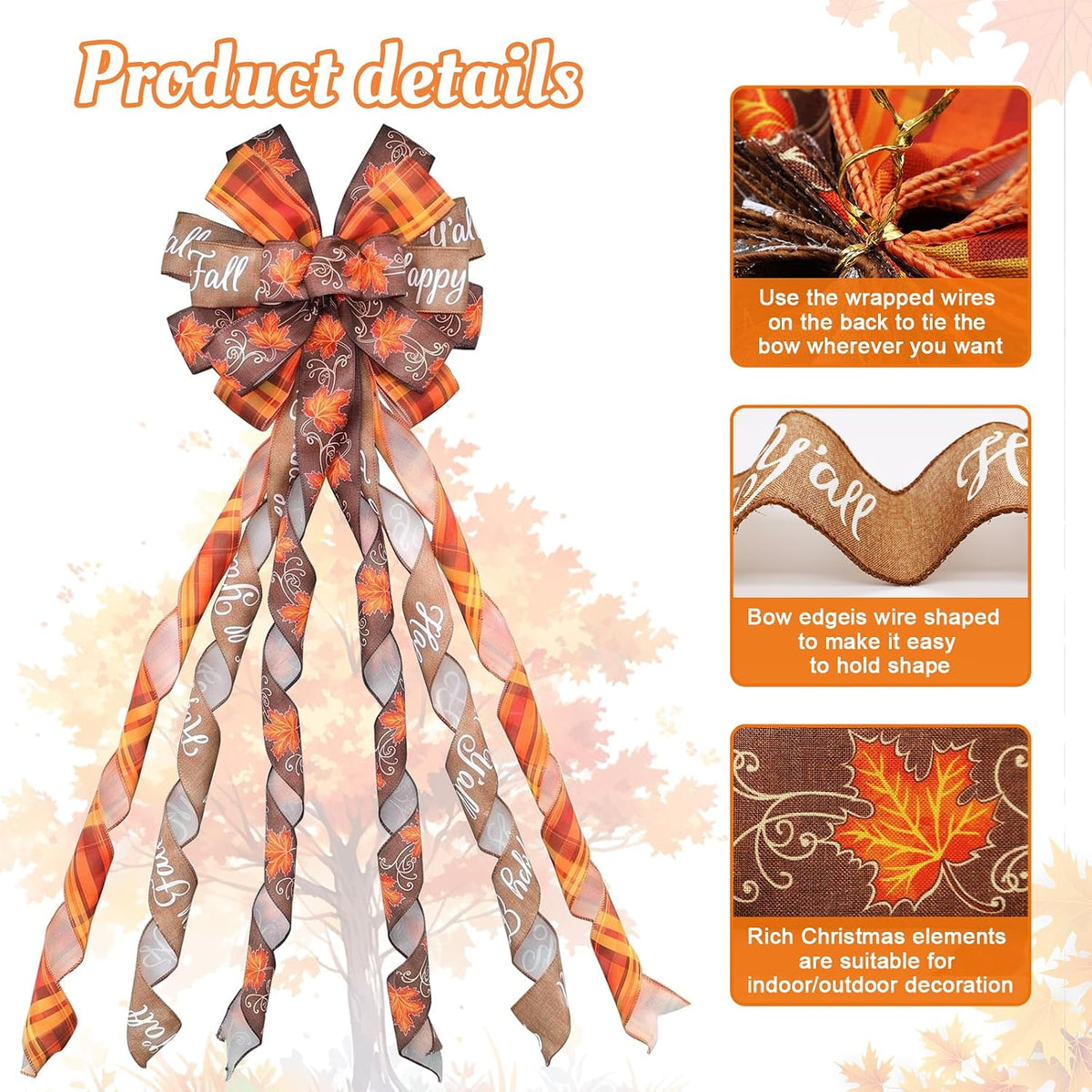 Large Fall Tree Topper Bow 52"x13", Pre-Tied Thanksgiving Ribbon for Wreath