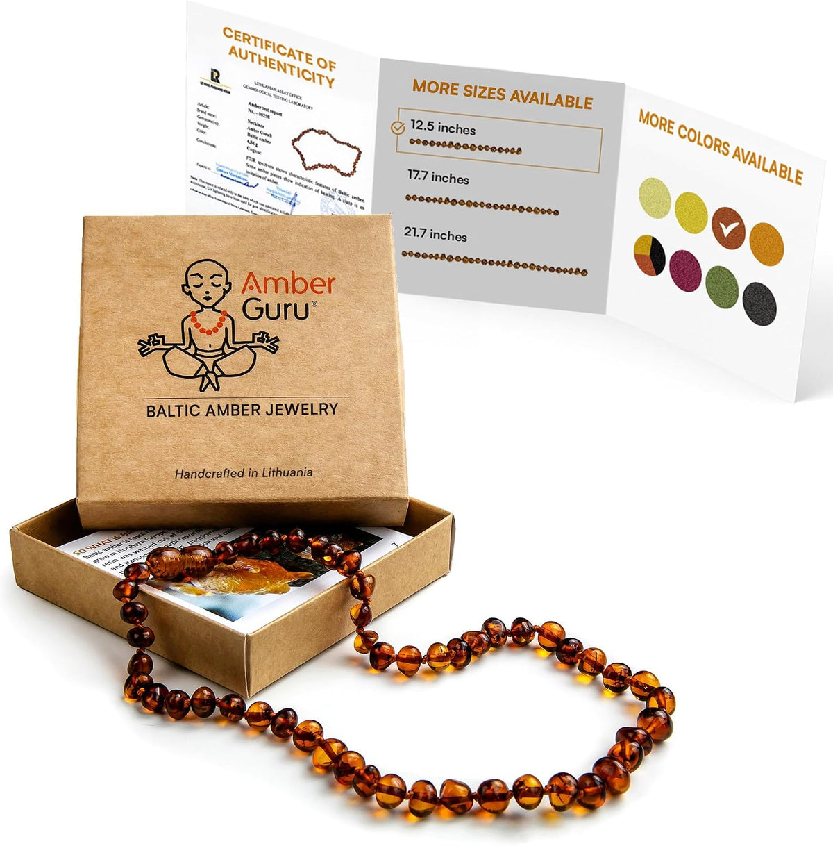 Amber Guru Baltic Amber Necklace (Authentic, Certified) - 12.5 inches - Unisex Jewelry - Polished Real Amber Beads - Proud to Deliver Genuine Baltic Sea Wonder - Handmade