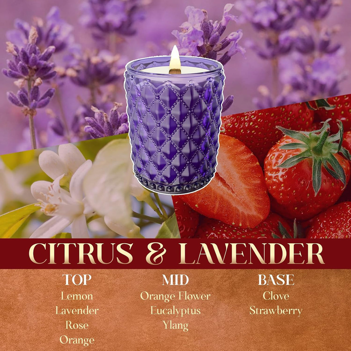 M&SENSE 16.6oz Wood Wick Scented Candle, Non Toxic Soy Wax with Crackling Wick, CitrusLavender Scent 100H Burn Long Lasting for Bedroom Kitchen Home Decor, Housewarming Gifts for Family Friends