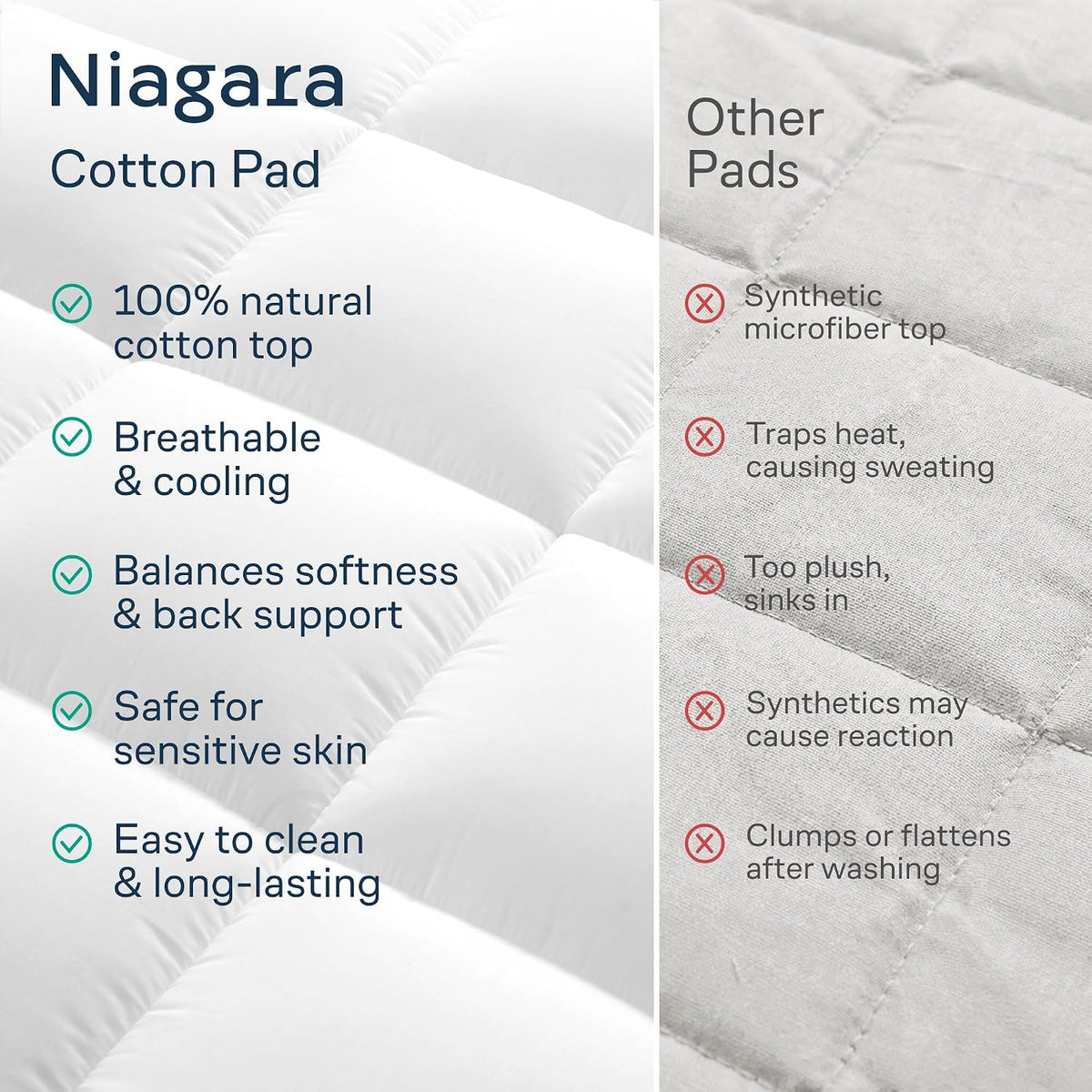 Niagara Sleep Solution 100% Cotton Top Queen Size Mattress Pad, Pillow Top
