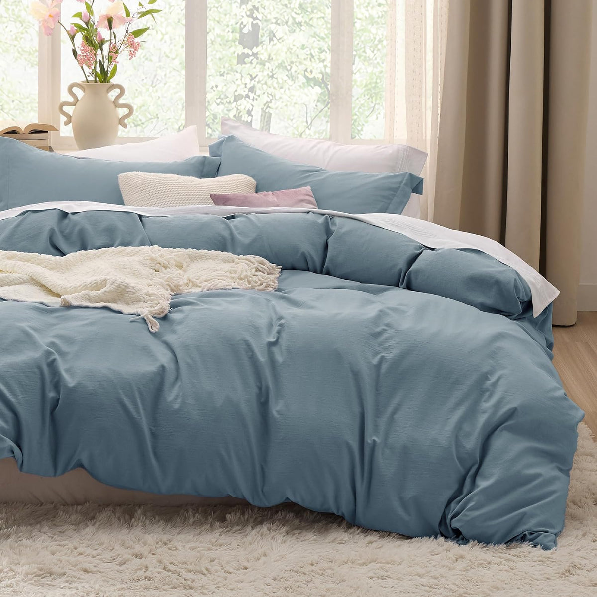Bedsure Prewashed Duvet Cover Queen, Cotton-Like Soft Bedding Set, Navy