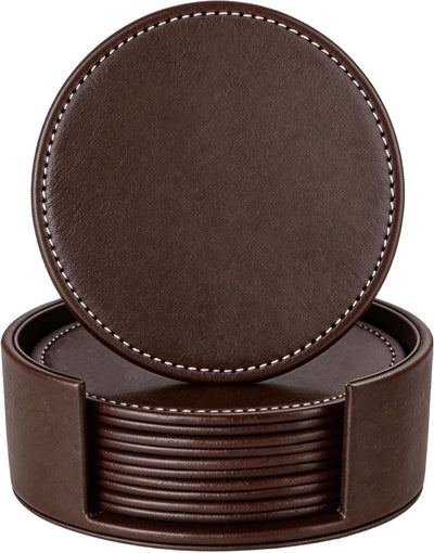 Set of 6 Round Leather Coasters for Drinks with Holder, 4" (Brown)