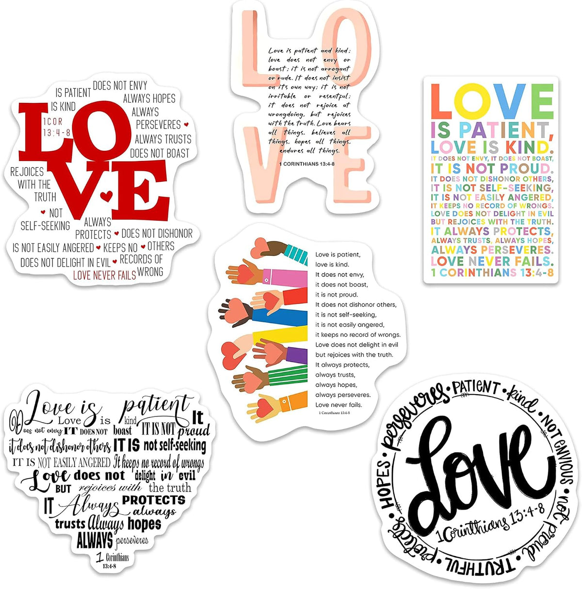 'Pack 6' 1 Corinthians 13 4-8 Love is Patient Love is Kind Waterproof Vinyl Stickers Christian, Bible Verse, Religious Jesus Motivational, Christian Style for All Ages Sticker 3 Inch