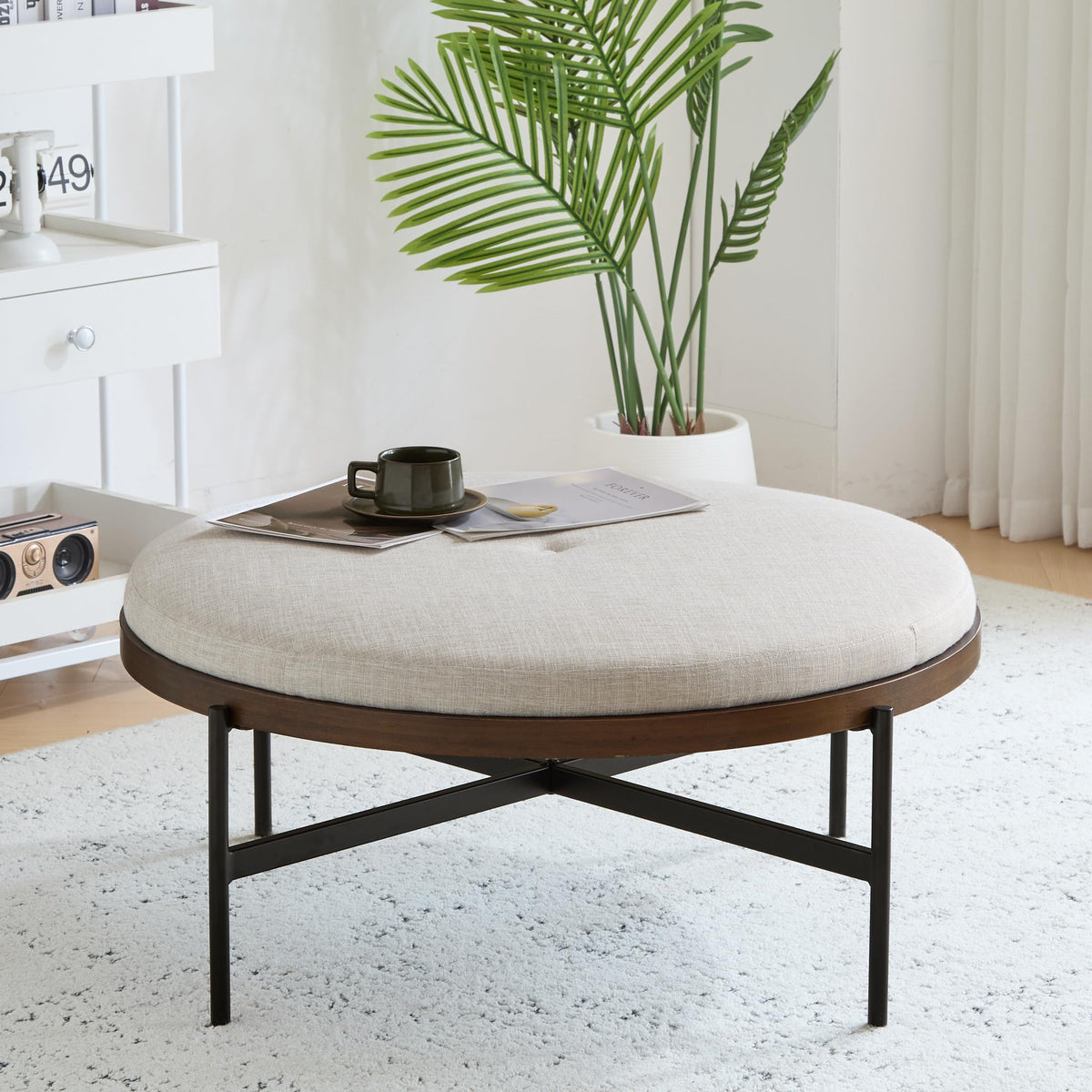 Christopher Knight Home Neapo Round Ottoman, Cocktail Ottoman, Upholstery Coffee Table, X Shape Legs, Comfortable Footstool, Durable Metal Frame, Spacious Seating for Living Room Entryway, Beige+Black
