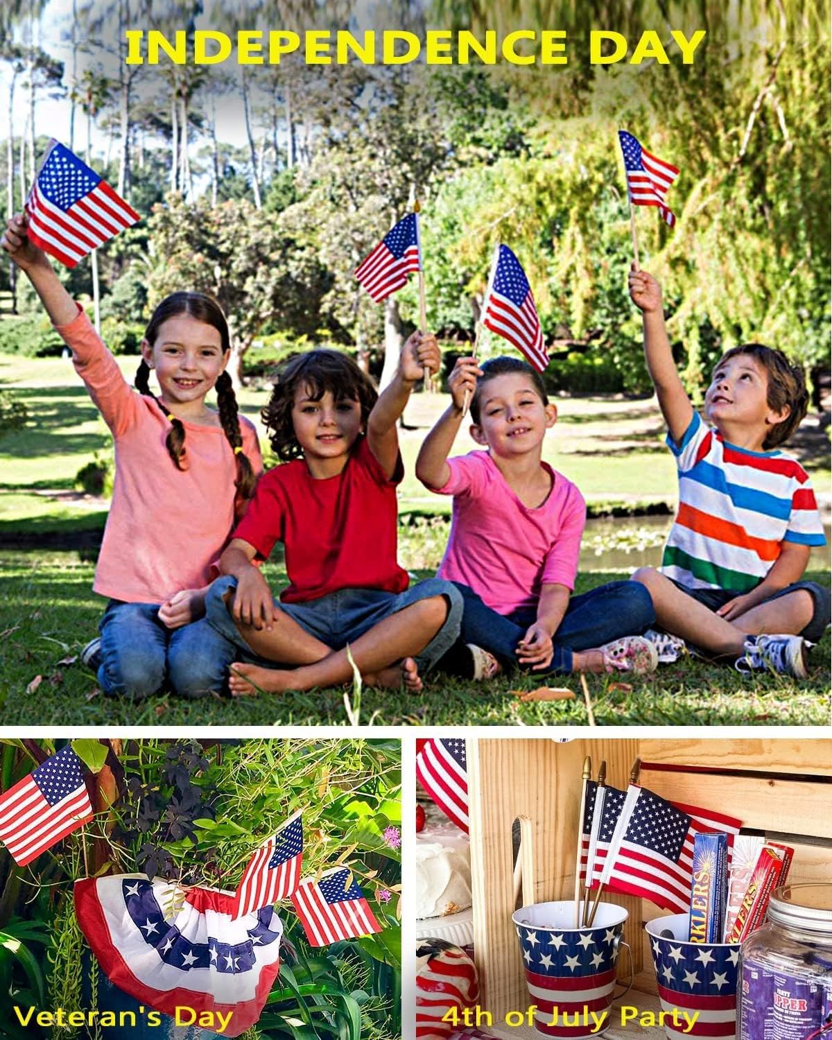 100 Pack Small American Flags on Stick, 4x6 Inch US HandHeld Stick Flags