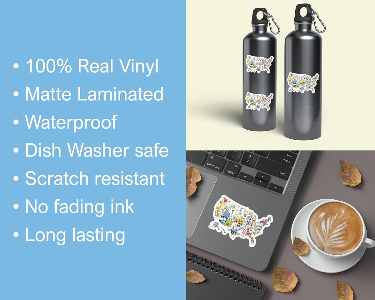3Pcs Us State Map Flowers Sticker - Flower Lover - Travel - Funny - Sticker for Water Bottle - Mug - Laptop - Notebook - Luggage