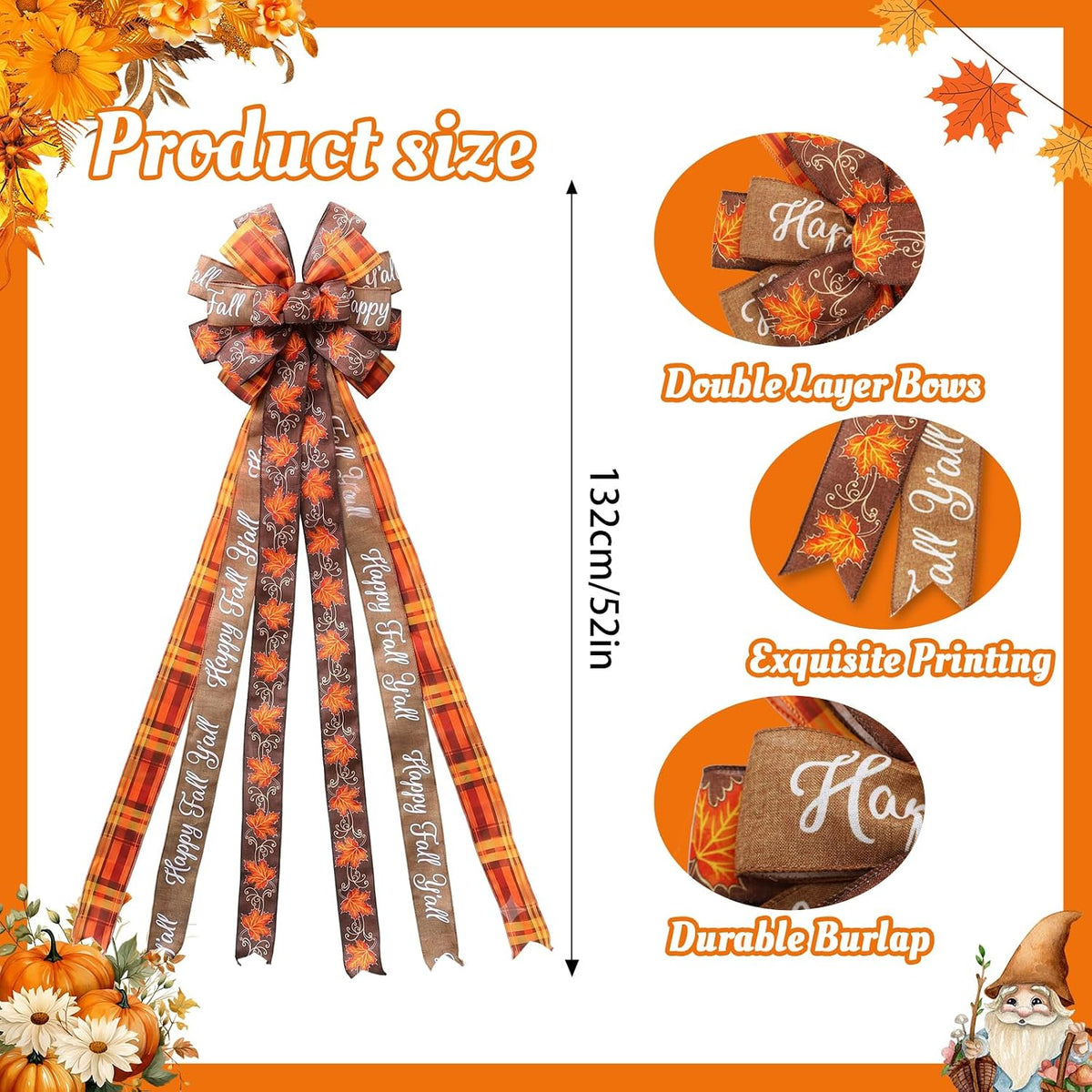 Large Fall Tree Topper Bow 52"x13", Pre-Tied Thanksgiving Ribbon for Wreath