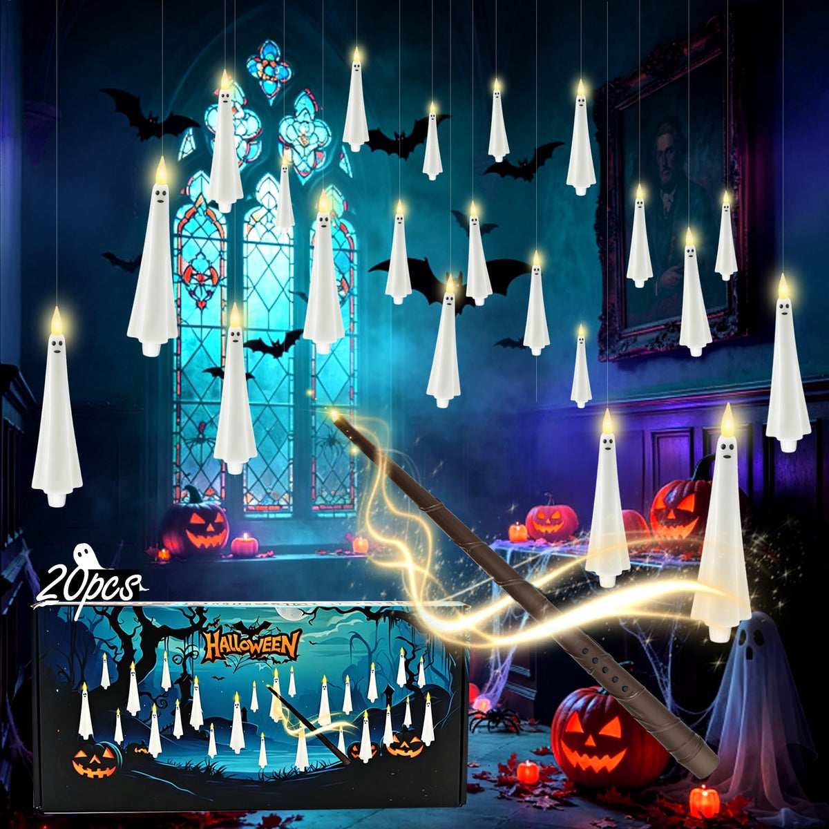 kakoya Flameless Floating Candles with Wand，20 Pcs Magic LED Hanging Taper Candles，Flickering Battery Operated Taper Candle with Wand Remote for Halloween Decorations Best Gift（White）