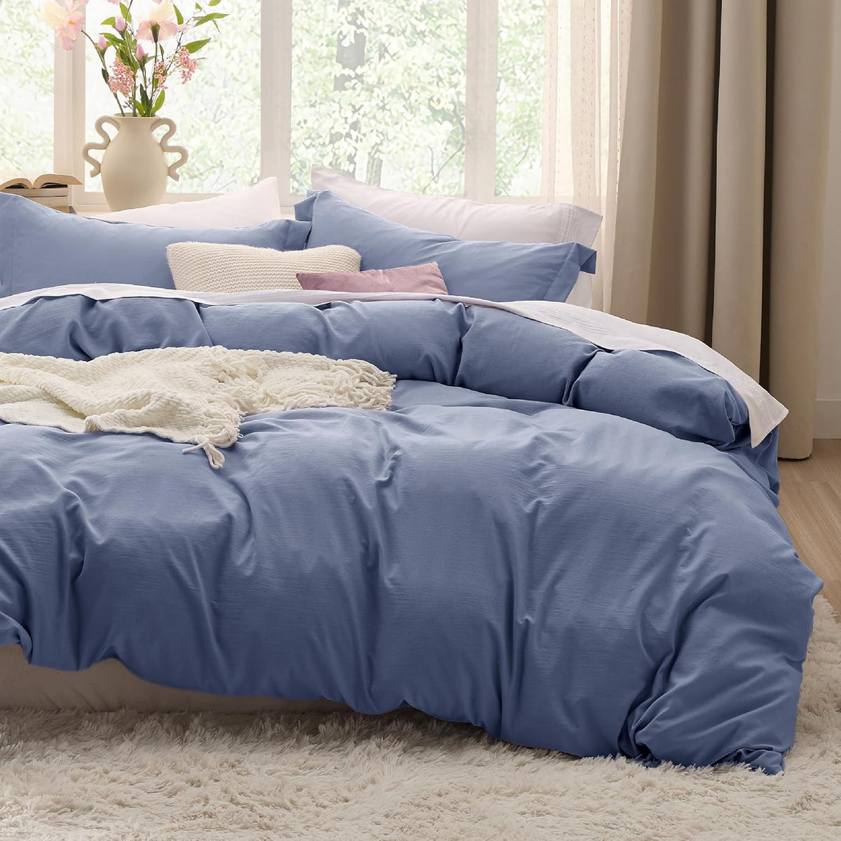 Bedsure Prewashed Duvet Cover Queen, Cotton-Like Soft Bedding Set, Navy
