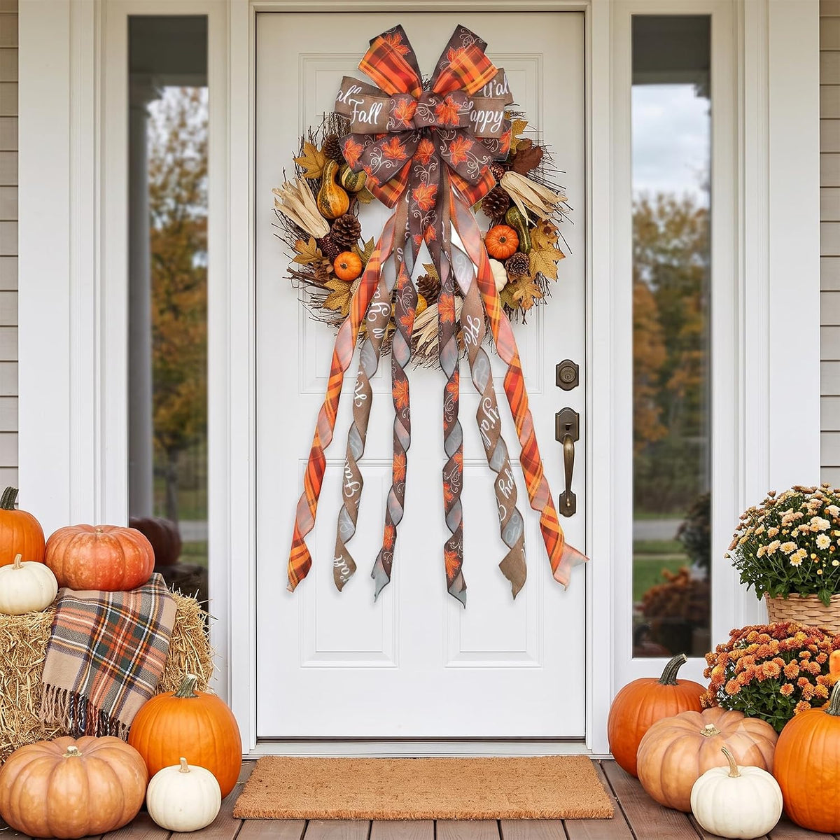 Large Fall Tree Topper Bow 52"x13", Pre-Tied Thanksgiving Ribbon for Wreath