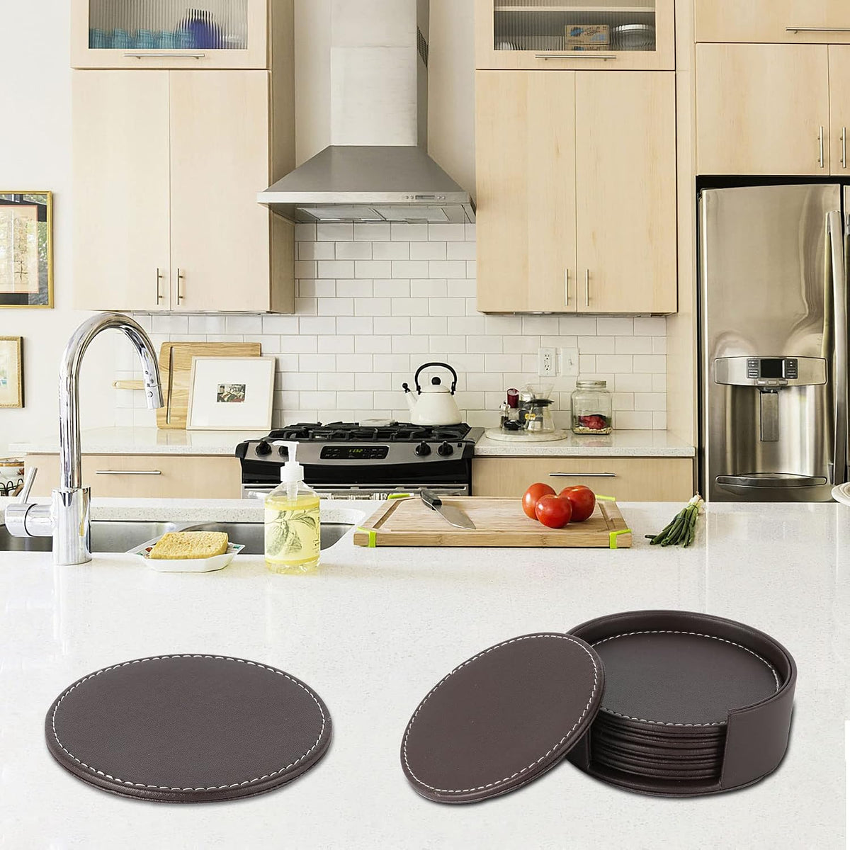 Set of 6 Round Leather Coasters for Drinks with Holder, 4" (Brown)
