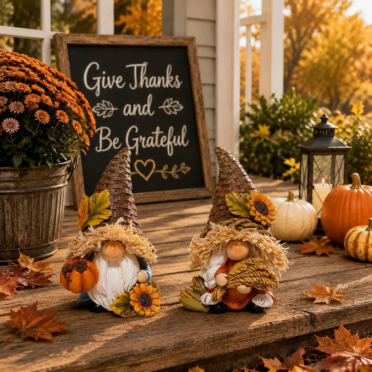 Hodao Thanksgiving Decor Harvest Elf Figurines with Pumpkin Sunflower