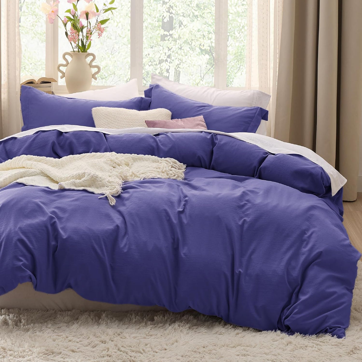 Bedsure Prewashed Duvet Cover Queen, Cotton-Like Soft Bedding Set, Navy