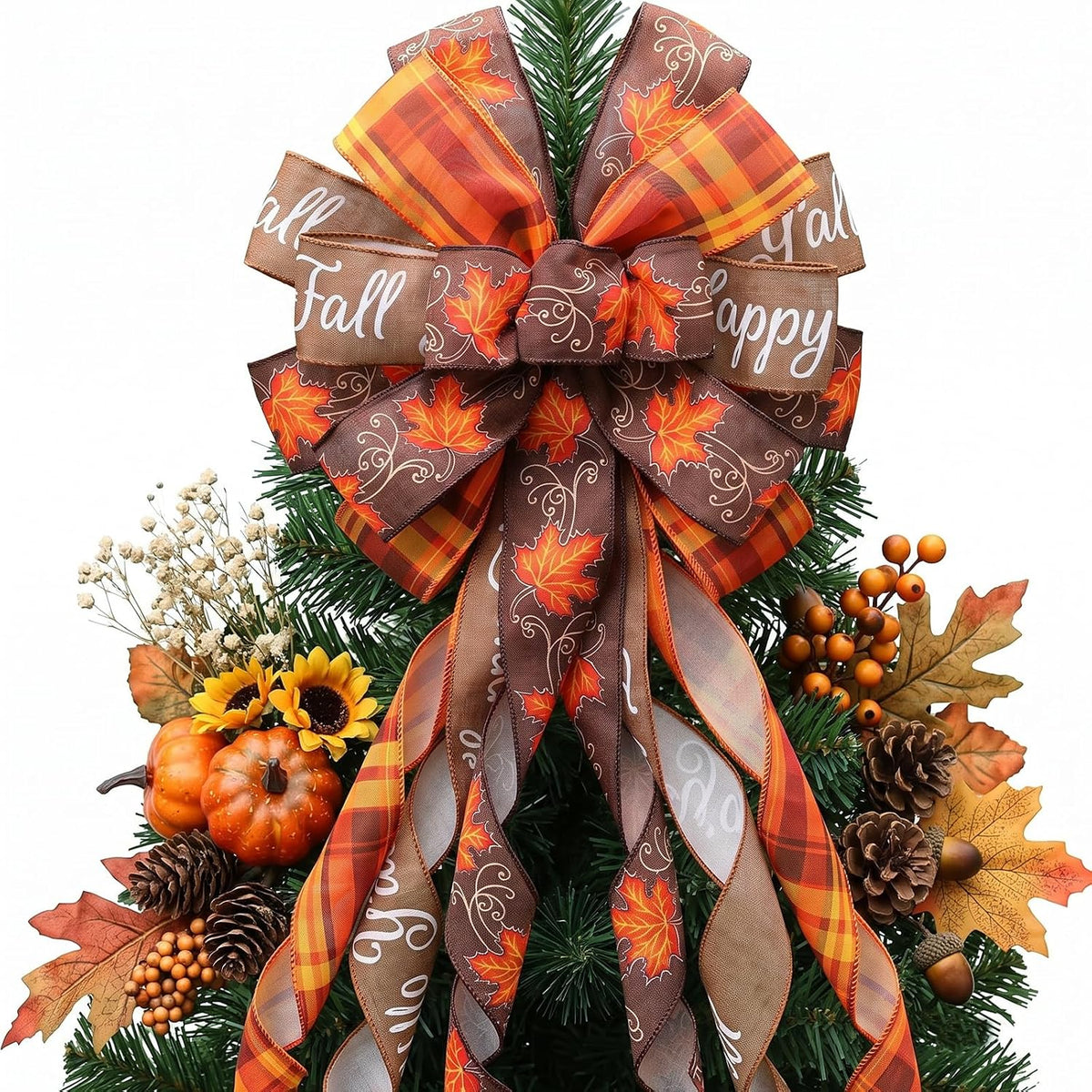 Large Fall Tree Topper Bow 52"x13", Pre-Tied Thanksgiving Ribbon for Wreath