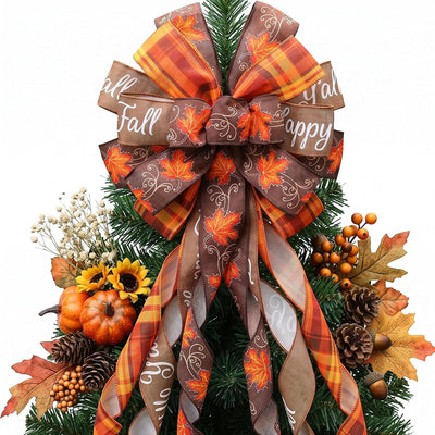 Large Fall Tree Topper Bow 52"x13", Pre-Tied Thanksgiving Ribbon for Wreath