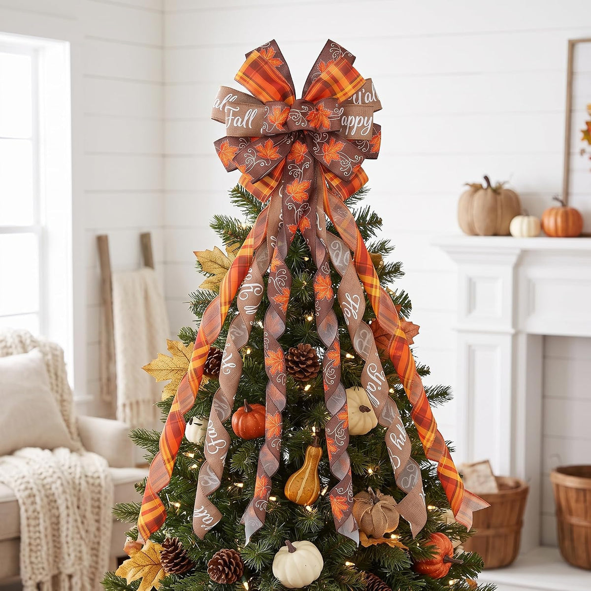 Large Fall Tree Topper Bow 52"x13", Pre-Tied Thanksgiving Ribbon for Wreath