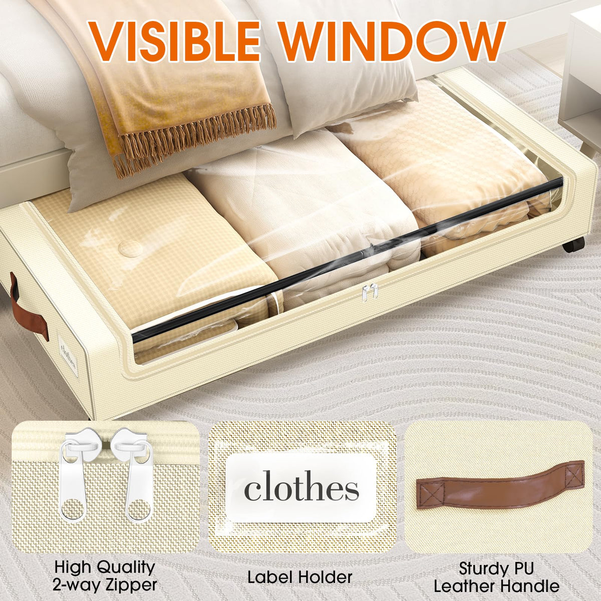 SpaceHacks Under Bed Drawers with Wheels, Clear Window & Label - Large Capacity Rolling Storage for Clothes, Shoes, Blankets