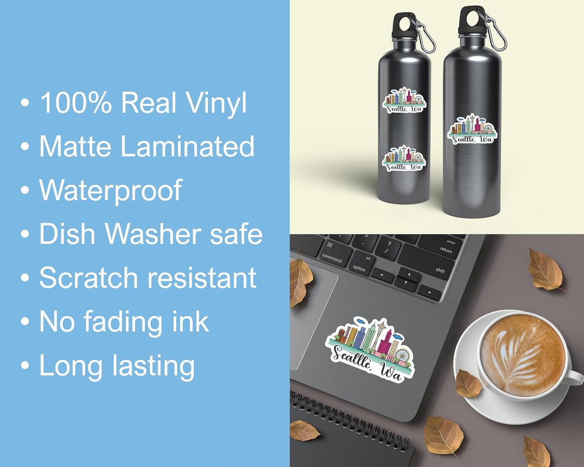 3Pcs Seattle Wa Skyline Sticker - Car Sticker - Laptop Sticker - Water Bottle Sticker - Washington Sticker - Travel Sticker - Seattle Sticker