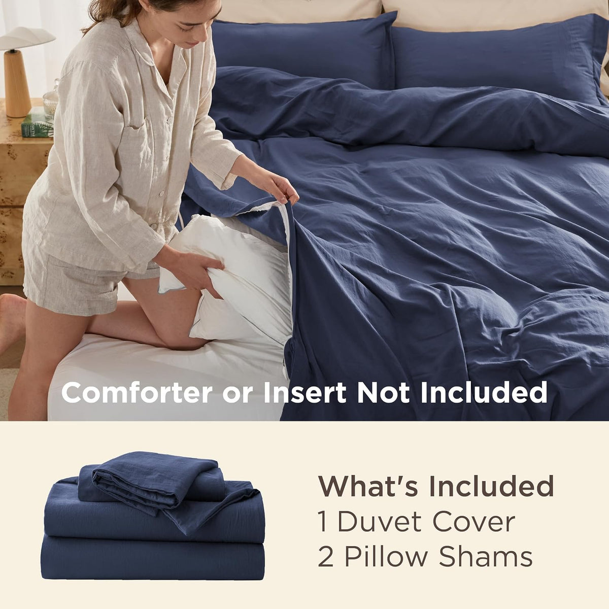 Bedsure Prewashed Duvet Cover Queen, Cotton-Like Soft Bedding Set, Navy
