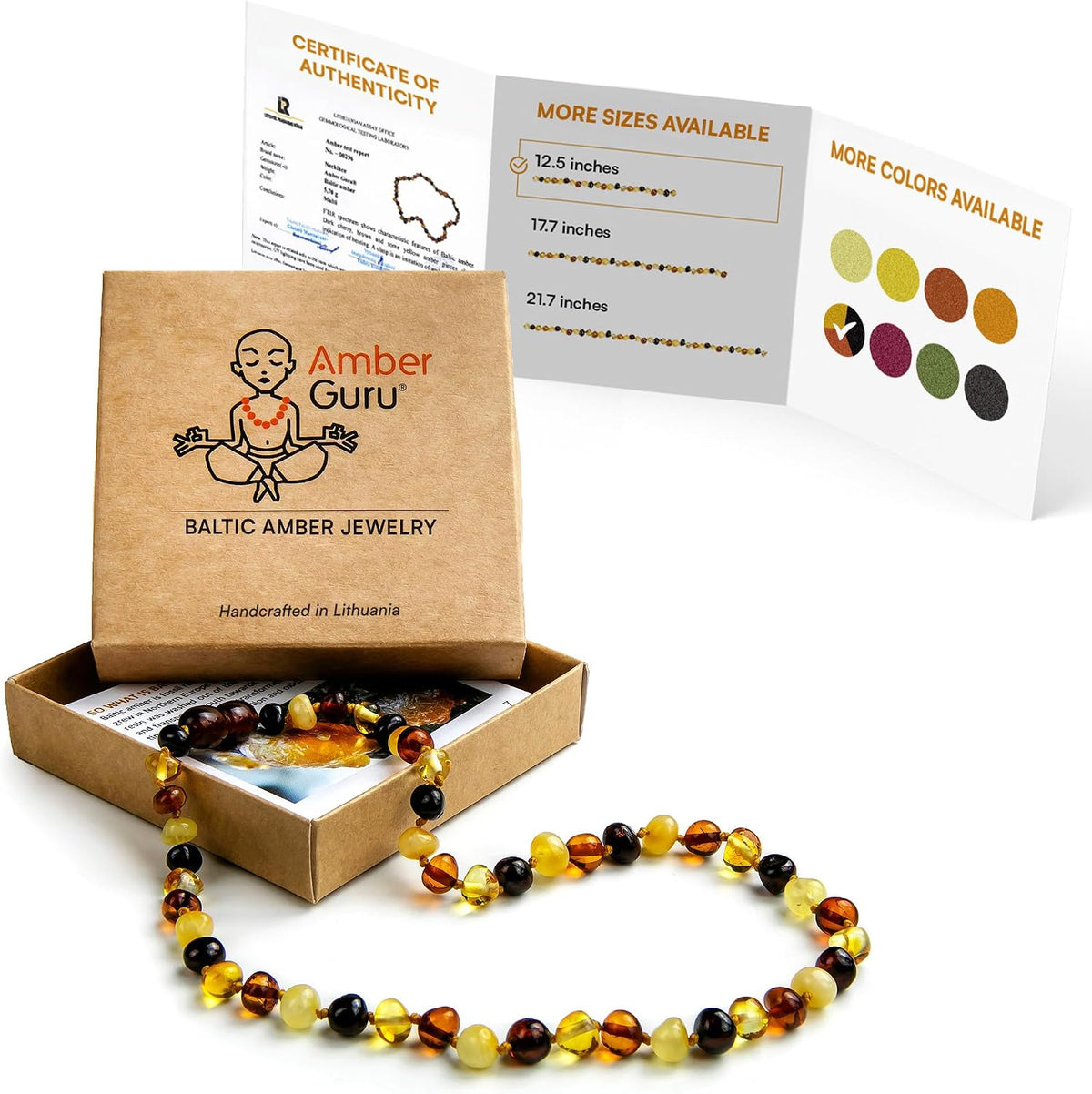 Amber Guru Baltic Amber Necklace (Authentic, Certified) - 12.5 inches - Unisex Jewelry - Polished Real Amber Beads - Proud to Deliver Genuine Baltic Sea Wonder - Handmade