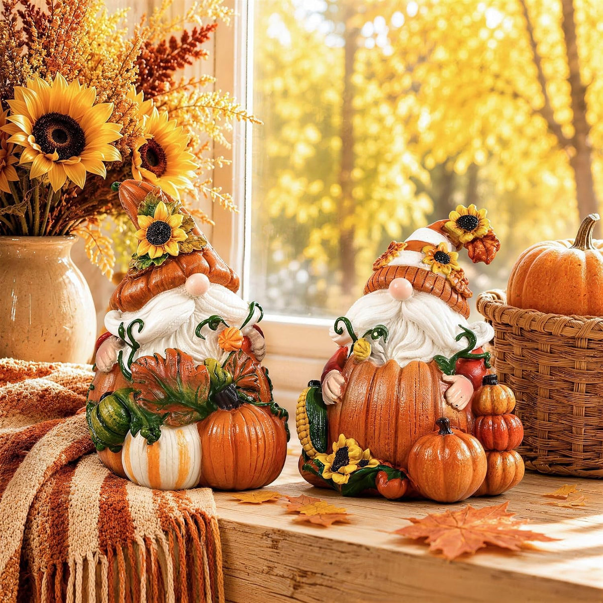 2 PCS Fall Gnomes Decorations for Home, Pumpkin Gnomes Statues for Table