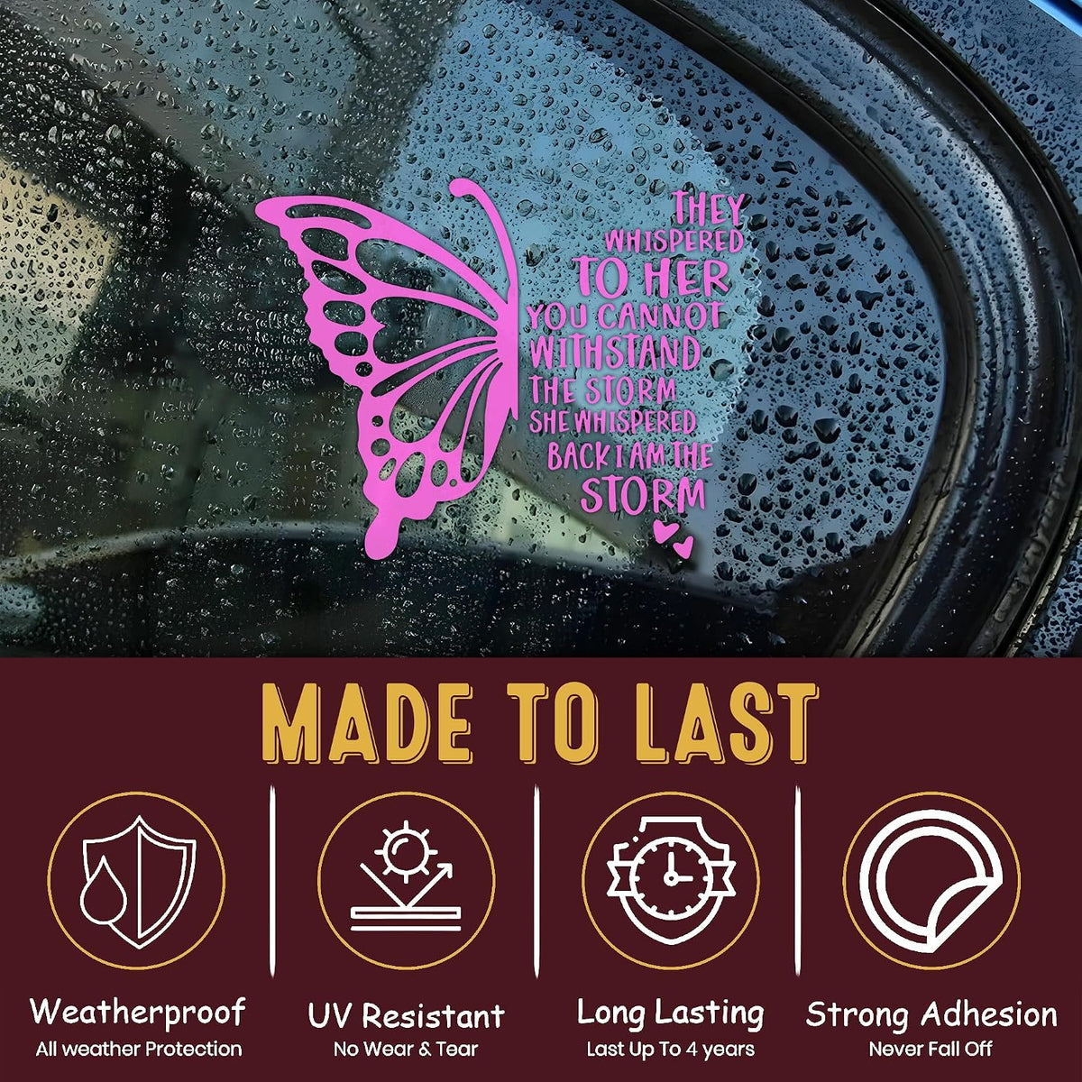 They Whispered to Her I Am the Storm Car Decal Pink Butterfly Stickers Christian Inspiration Decals Vinyl Waterproof 8 inch Bumper Sticker for Trucks Window Car Accessories Gifts for Mom