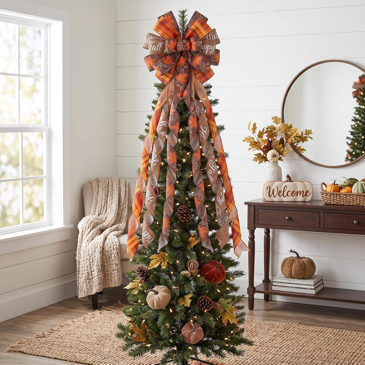 Large Fall Tree Topper Bow 52"x13", Pre-Tied Thanksgiving Ribbon for Wreath