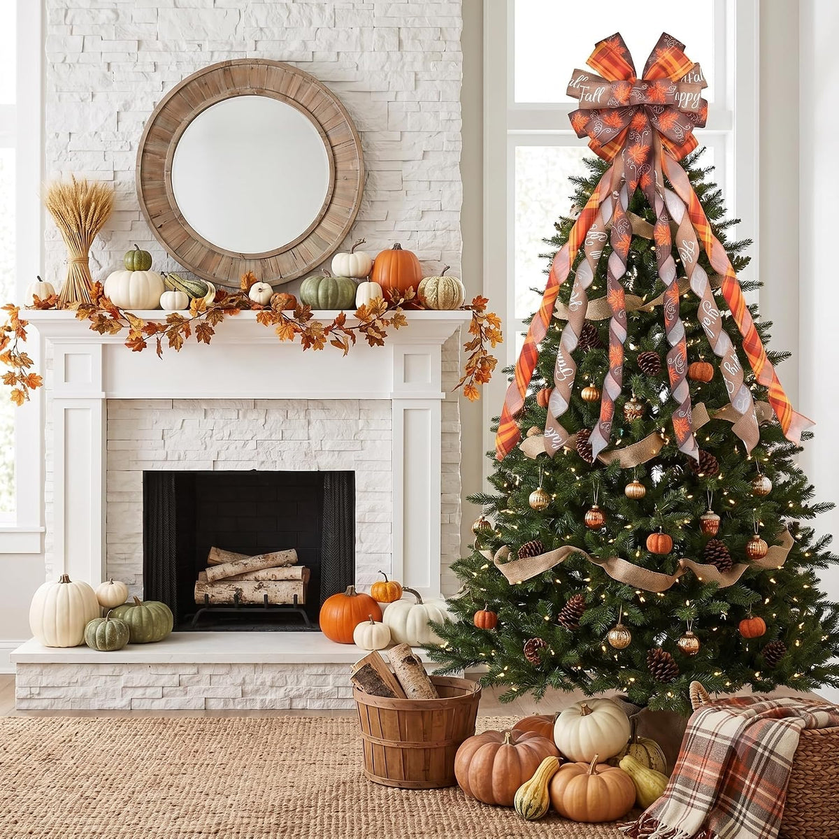 Large Fall Tree Topper Bow 52"x13", Pre-Tied Thanksgiving Ribbon for Wreath